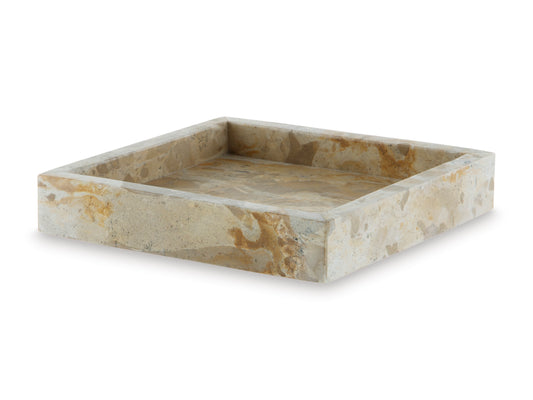 Beige square marble tray with low sides and speckled stone pattern