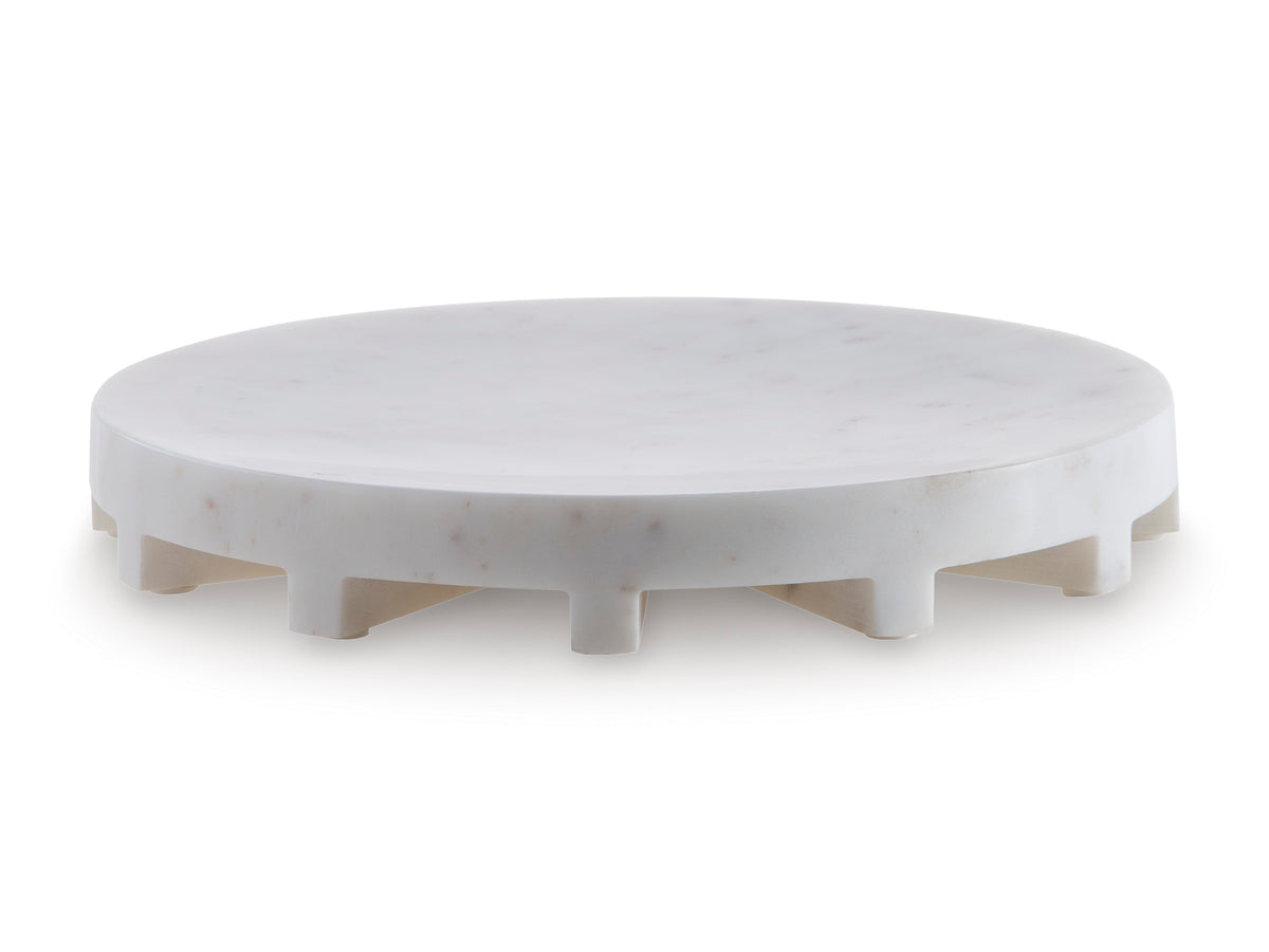 Round white serving tray with low scalloped legs and flat top