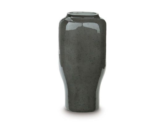 Glazed speckled dark gray ceramic vase with rounded shoulders