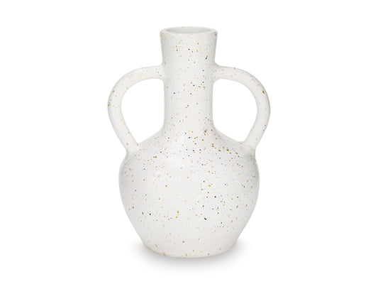 Speckled ceramic vase with two side handles, rounded body and narrow opening
