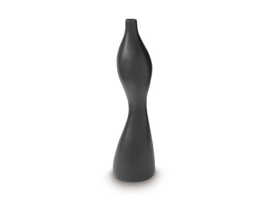 Black hourglass-shaped vase with glossy finish and straight tapering sides.
