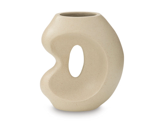Speckled beige abstract ceramic vase with oval cutout and round top opening