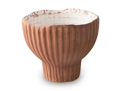 Ribbed terracotta vase with speckled white interior