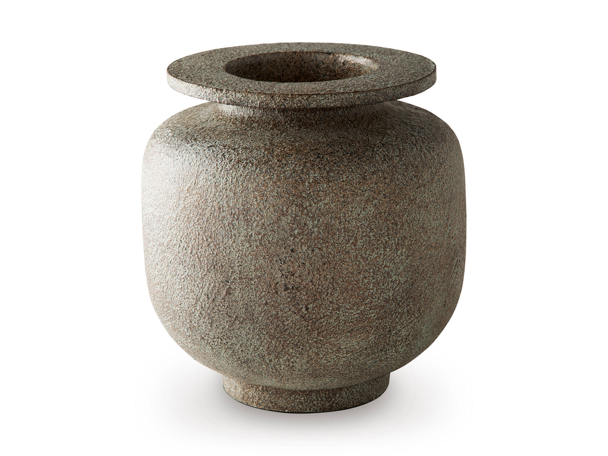 Round ceramic vase with textured finish and flared rim opening, dark gray