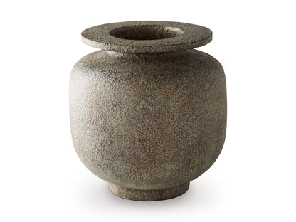 Round ceramic vase with textured finish and flared rim opening, dark gray