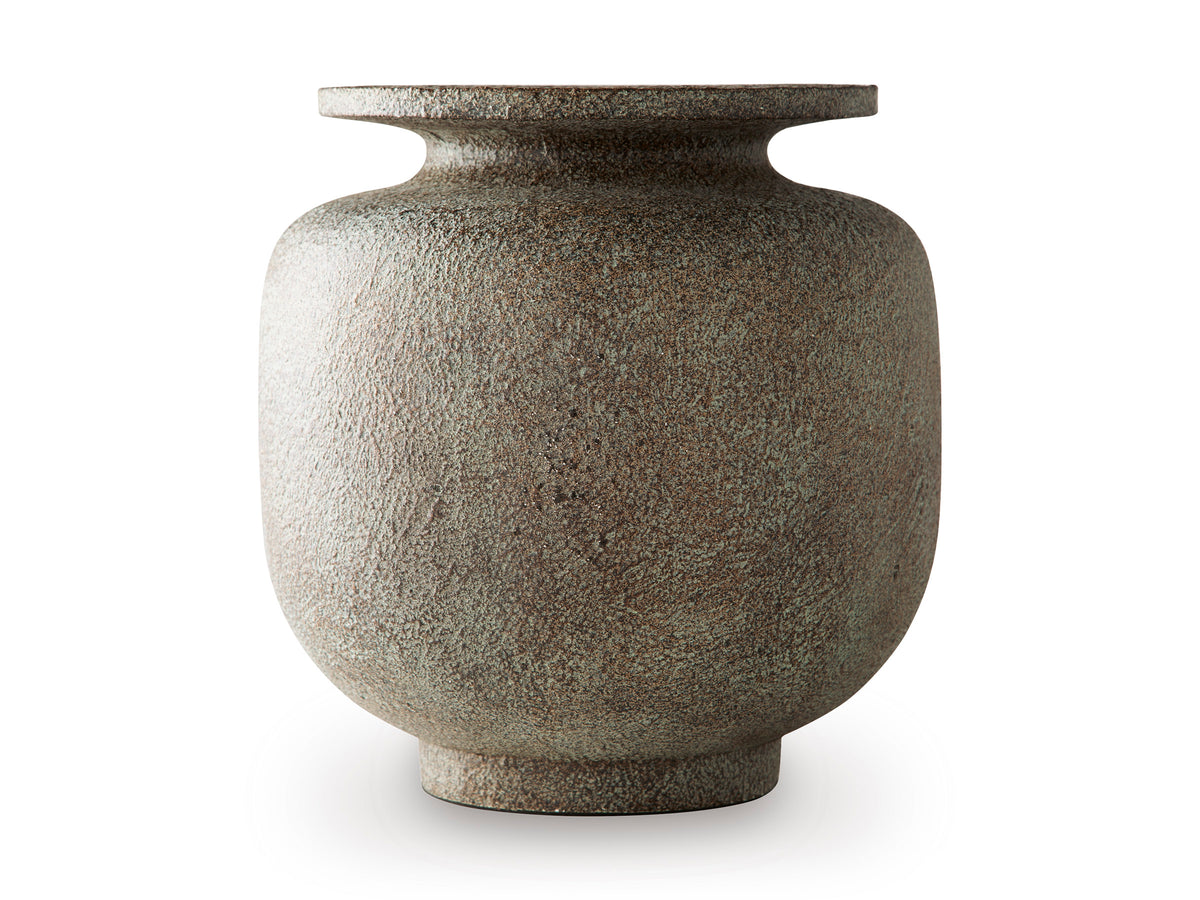 Ceramic vase with bulbous shape, flared neck collar, and speckled dark gray finish
