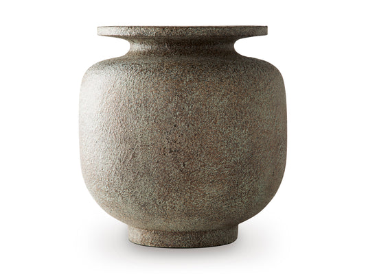 Ceramic vase with bulbous shape, flared neck collar, and speckled dark gray finish