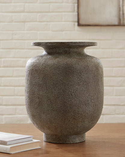 Textured ceramic vase with wide belly and flared open neck, dark gray-brown