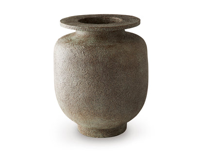 Ceramic vase angled view with textured surface and open top, dark gray-brown