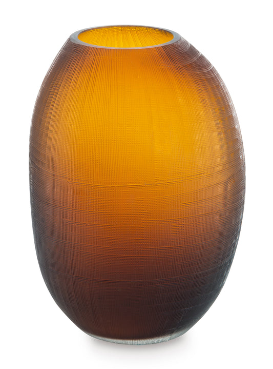 Amber and brown ribbed vase, rounded body with open mouth