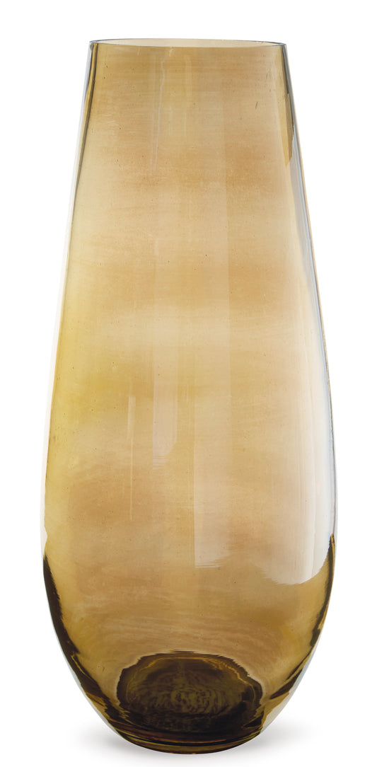 Tall amber-tinted glass vase with flared rim and wide rounded body