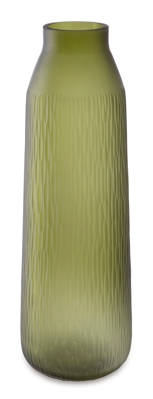 Lime green ribbed glass vase with wide base and rounded neck