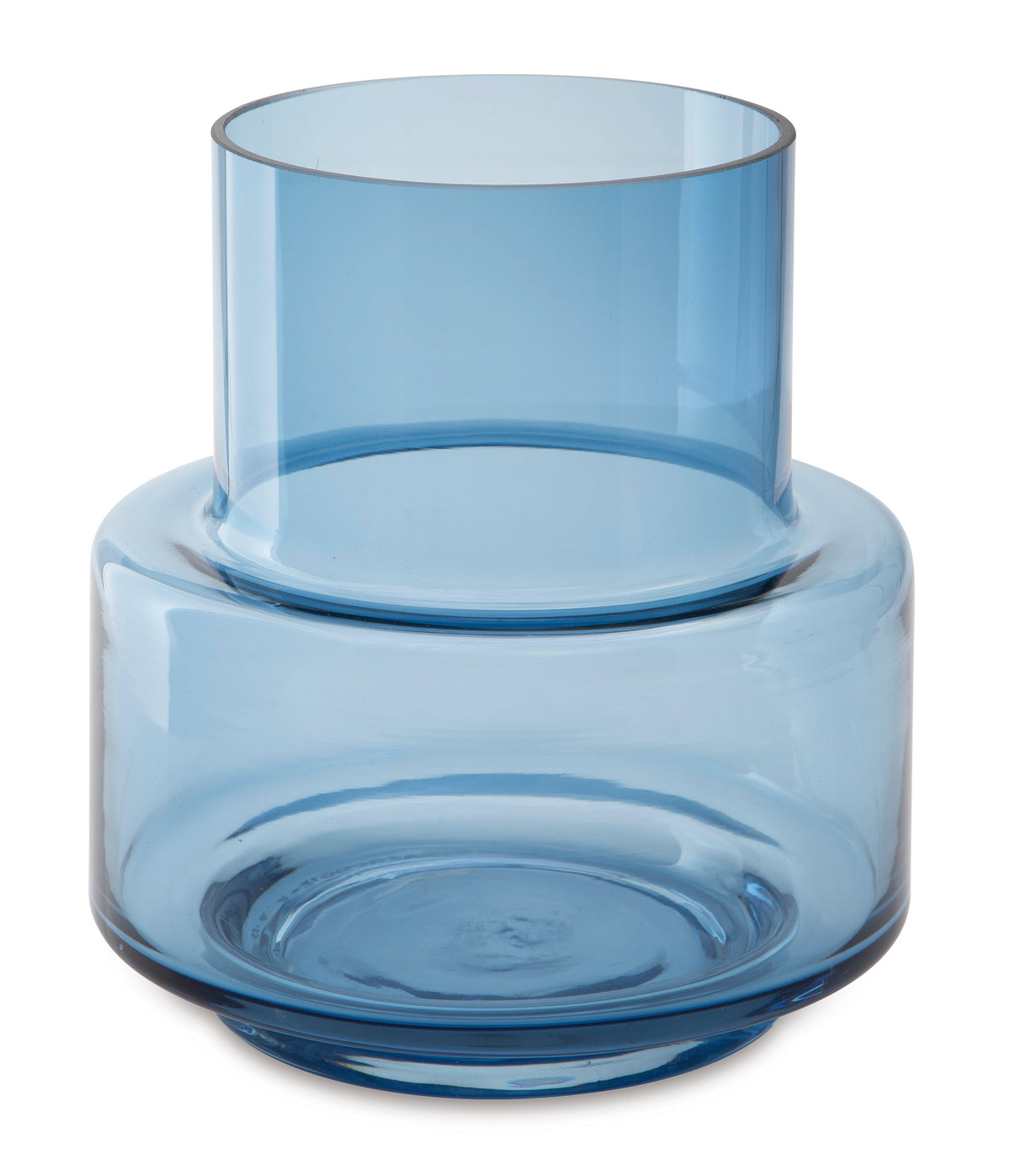 Blue glass vase with wide round base and clear rim