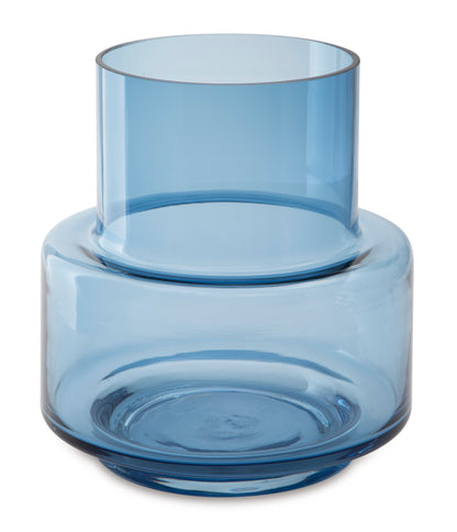 Blue glass vase with wide round base and clear rim