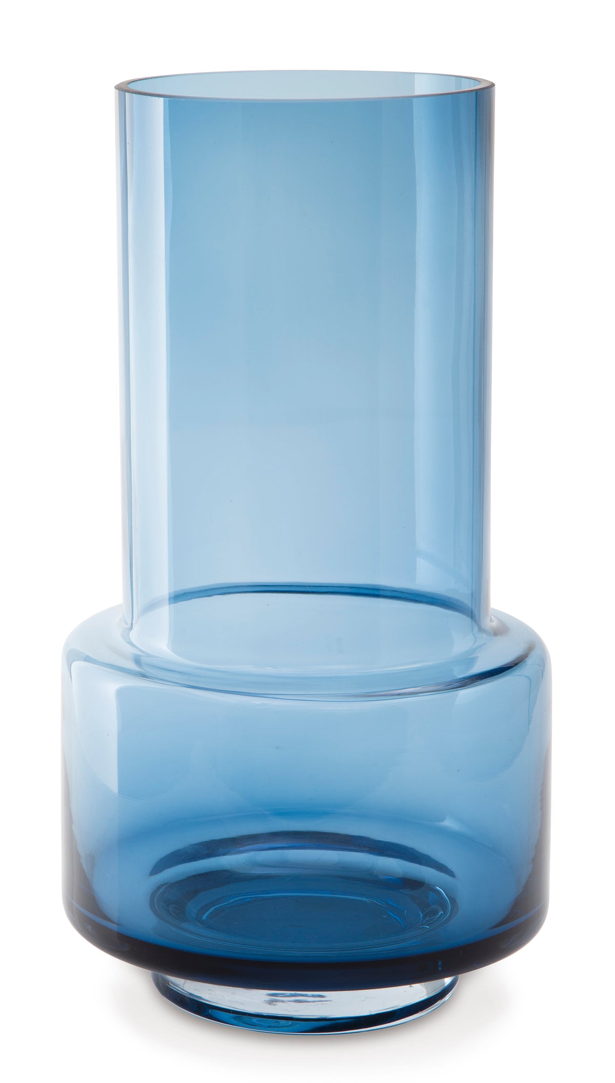 Blue glass vase, tall cylinder on rounded base with wide opening