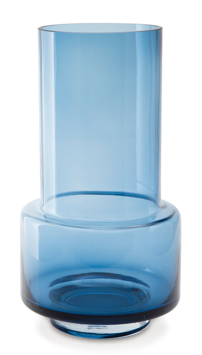 Blue glass vase, tall cylinder on rounded base with wide opening