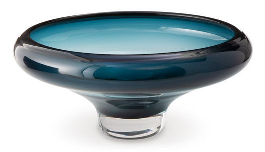 Glazed blue glass bowl with flared rim and pedestal base