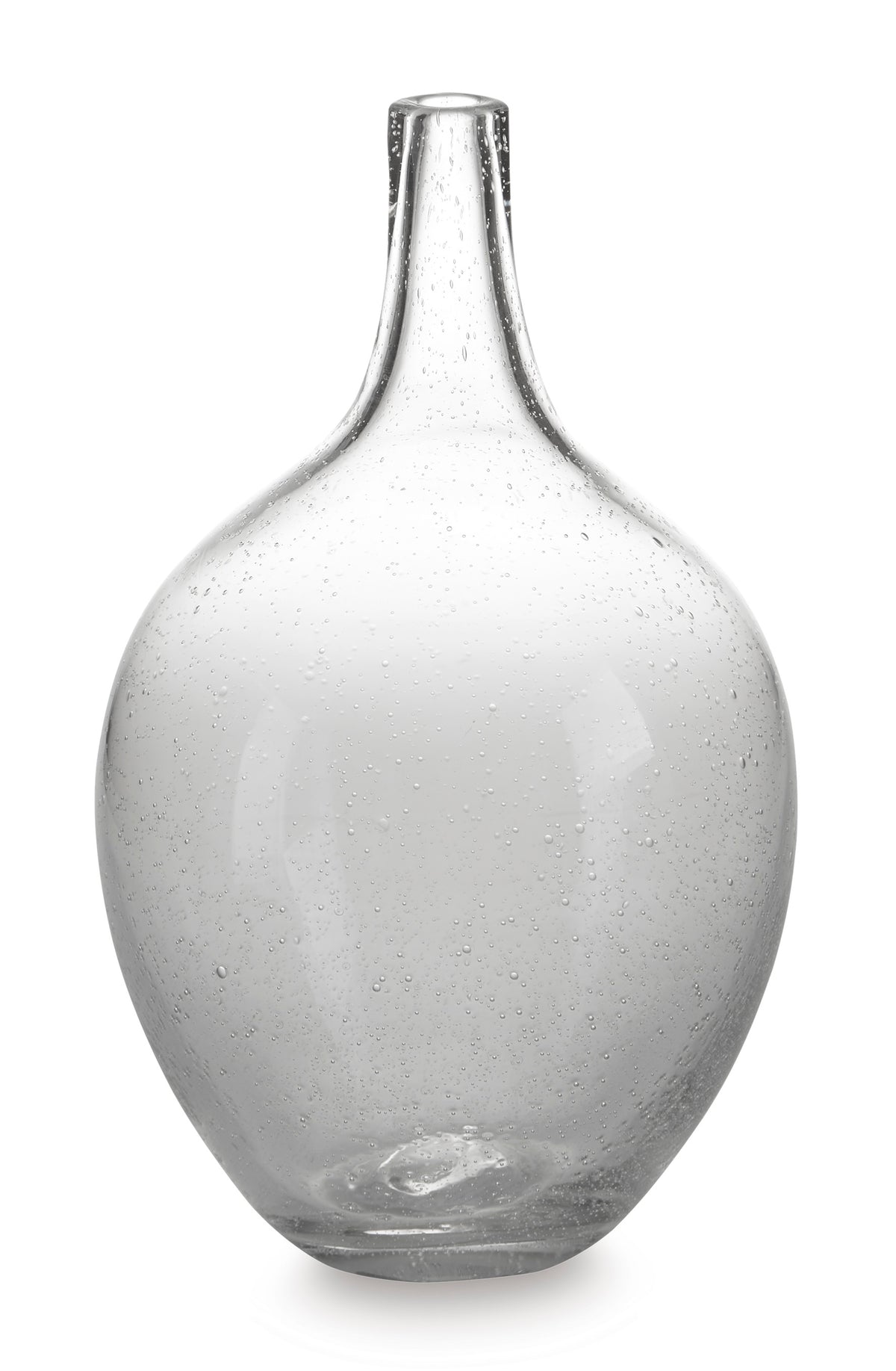 Clear speckled glass vase with narrow neck and round bulb body