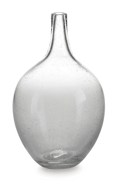 Clear speckled glass vase with narrow neck and round bulb body