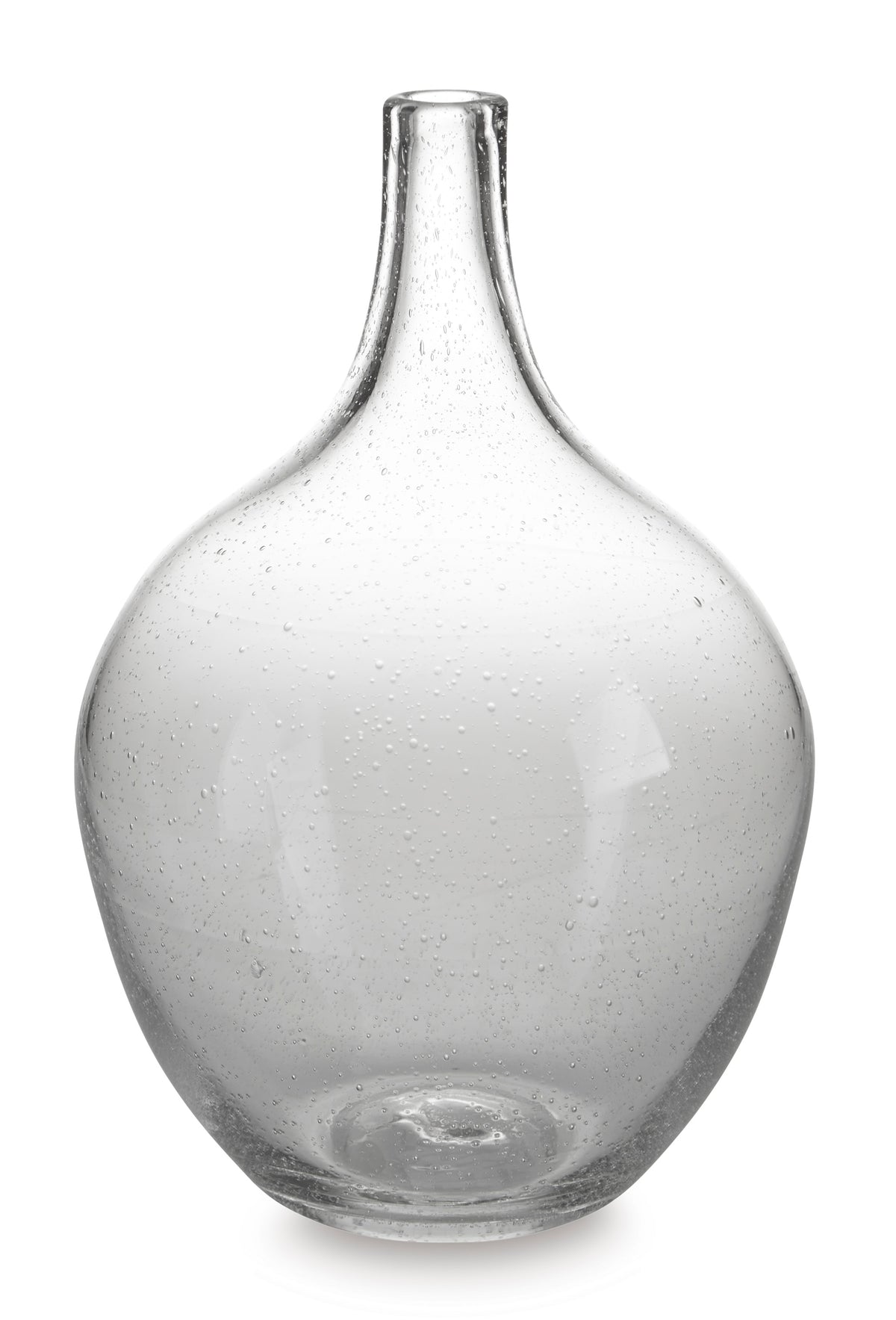 Clear speckled glass vase with narrow neck and round bulb body