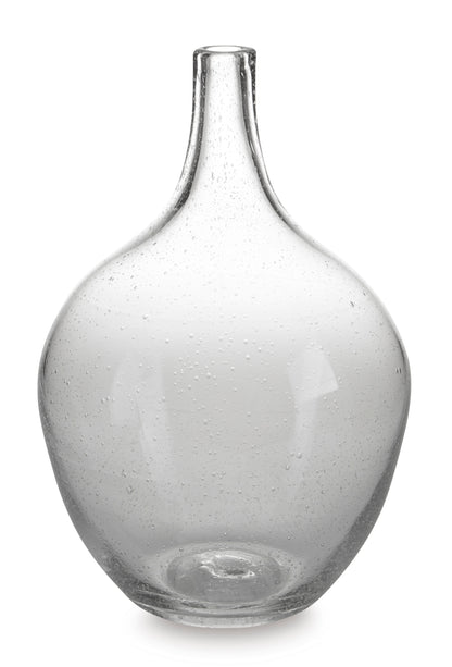 Clear speckled glass vase with narrow neck and round bulb body