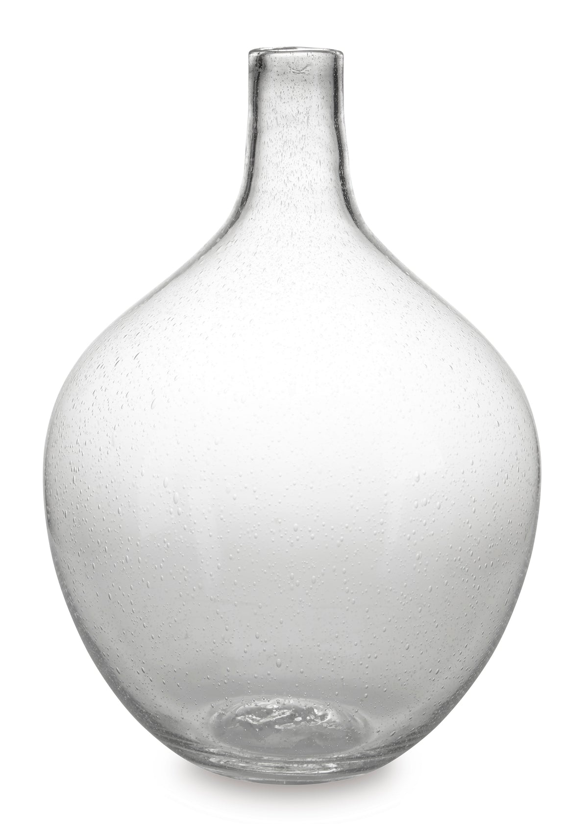 Speckled clear glass vase with narrow neck and round bulb body