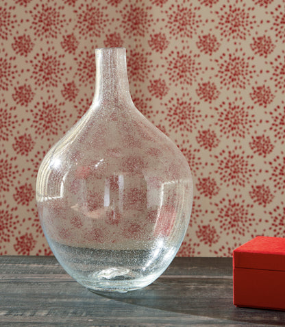 Large speckled clear glass vase with narrow neck and rounded body