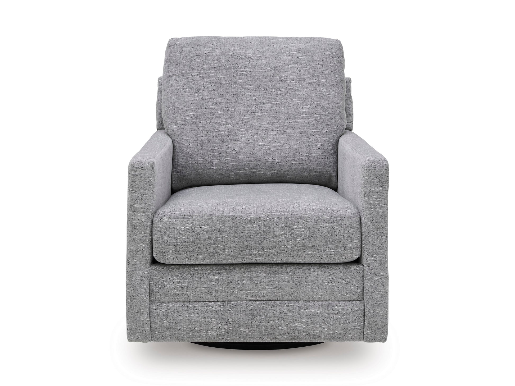 Upholstered accent swivel chair in medium gray fabric with tall back and rounded arms
