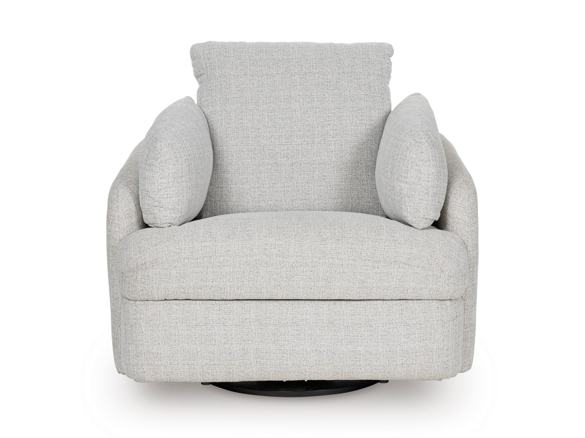 Light gray swivel power recliner with wide arms and tufted backrest