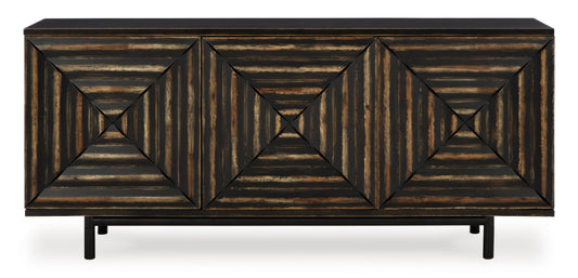 Geometric accent cabinet with three diamond-panel doors and dark distressed finish