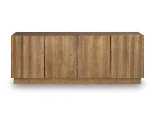 Light wood accent cabinet with paneled front doors and flat top