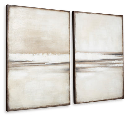 Pair of abstract wall art canvases with white brushlike horizon and dark frames