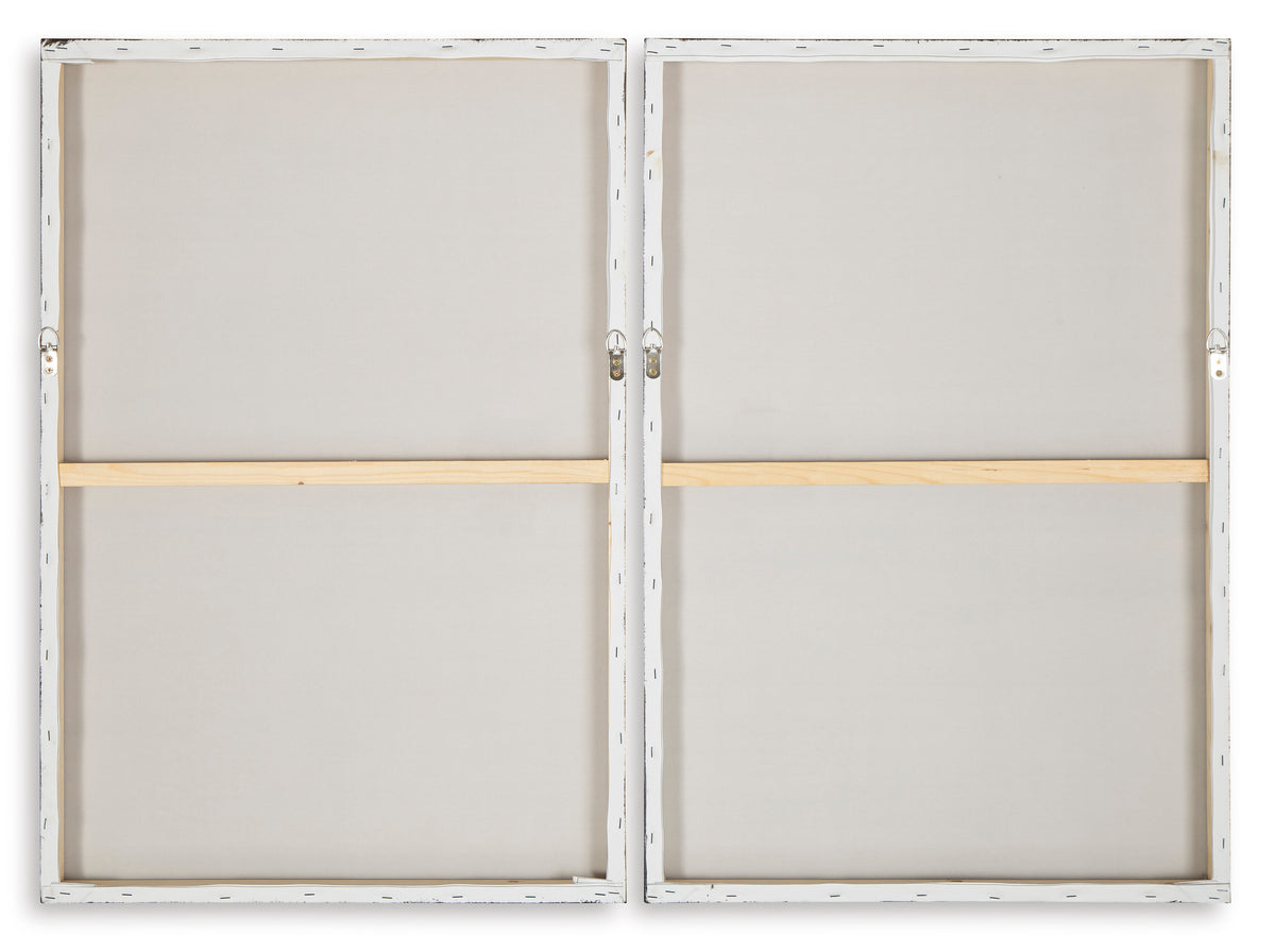Set of 2 canvas wall art backs with metal hanging hardware and light wooden frames