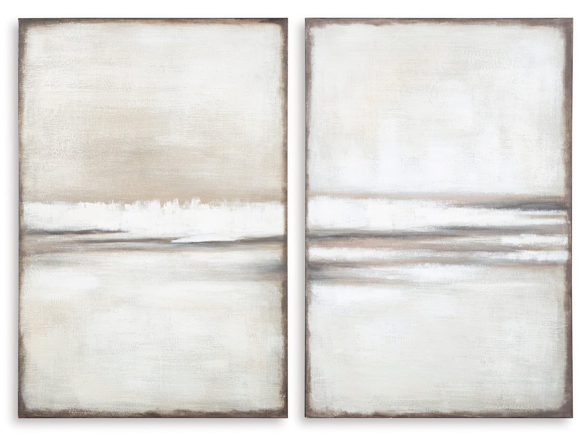 Pair of abstract white and beige wall art with horizontal brush strokes and dark frames