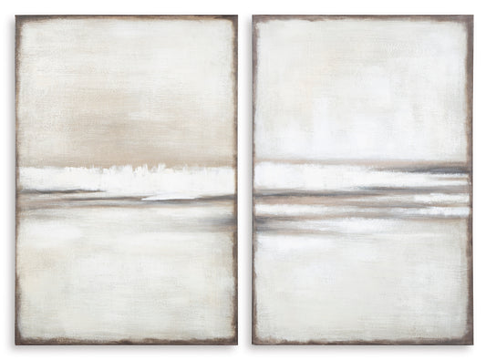 Pair of abstract white and beige wall art with horizontal brush strokes and dark frames