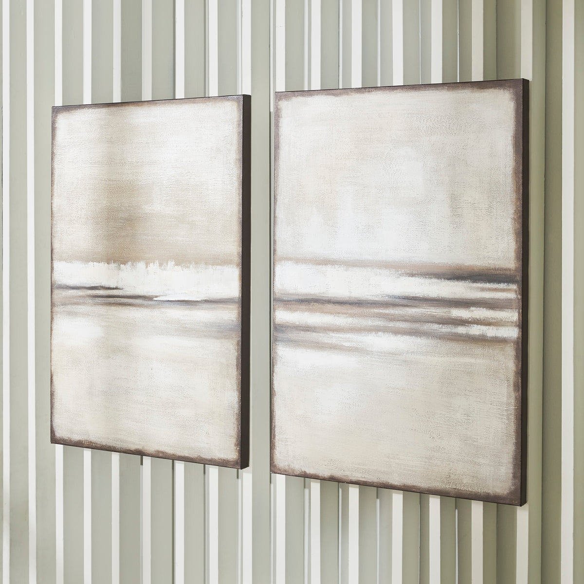 Set of 2 abstract beige-and-white wall art prints with dark wood-tone frames
