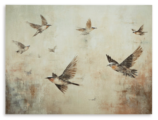 Bird wall art canvas with five birds in flight across cream and tan background