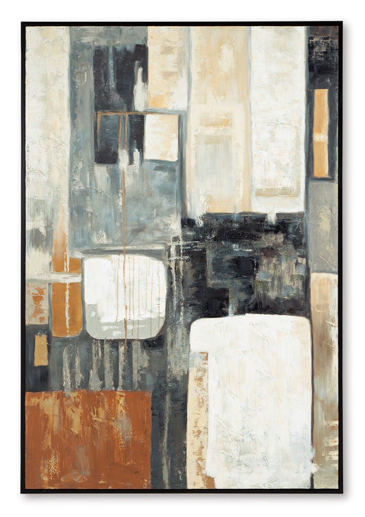 Framed abstract wall art with cream rectangles, blue-gray blocks and rust accents