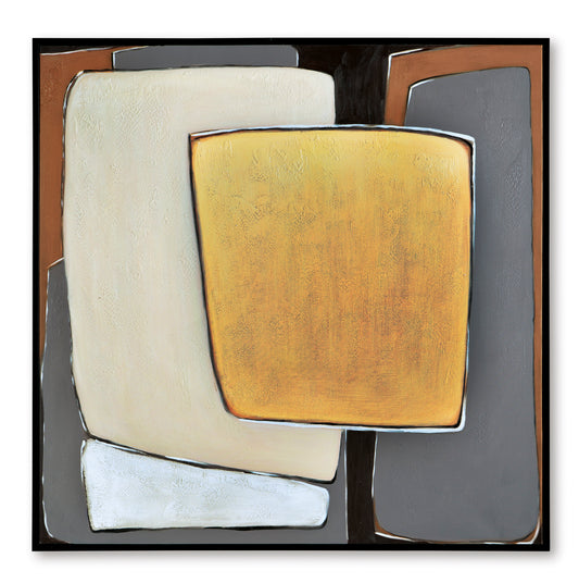 Abstract framed wall art with textured cream and orange square shapes over dark gray layers