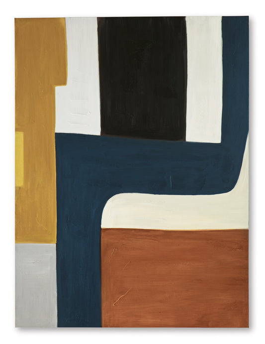 Abstract wall art canvas with tall black center, navy outline, and tan, white, blue areas