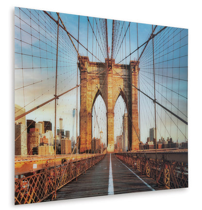 Canvas wall art showing Brooklyn Bridge towers and cables with city skyline