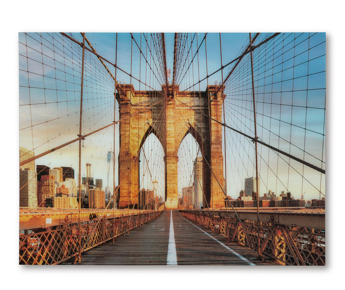 Framed wall art print of the Brooklyn Bridge walkway and towers