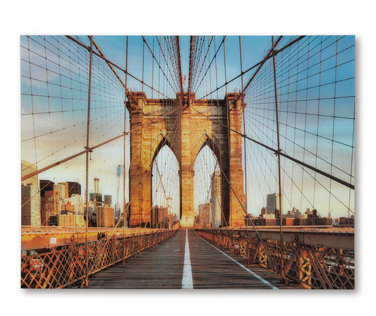 Framed wall art print of the Brooklyn Bridge walkway and towers
