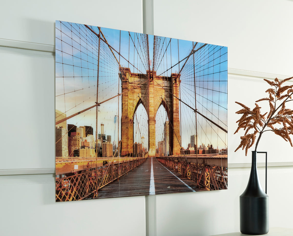 Canvas wall art of the Brooklyn Bridge with city skyline, mounted on a wall