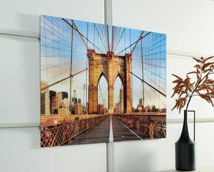 Canvas wall art of the Brooklyn Bridge with city skyline, mounted on a wall