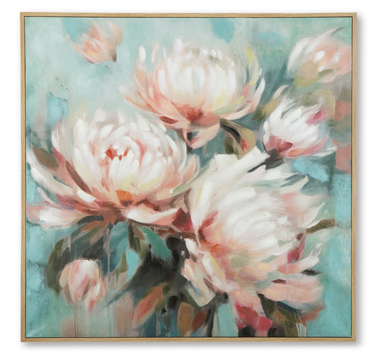 Framed abstract floral wall art with large pink and white blossoms on teal