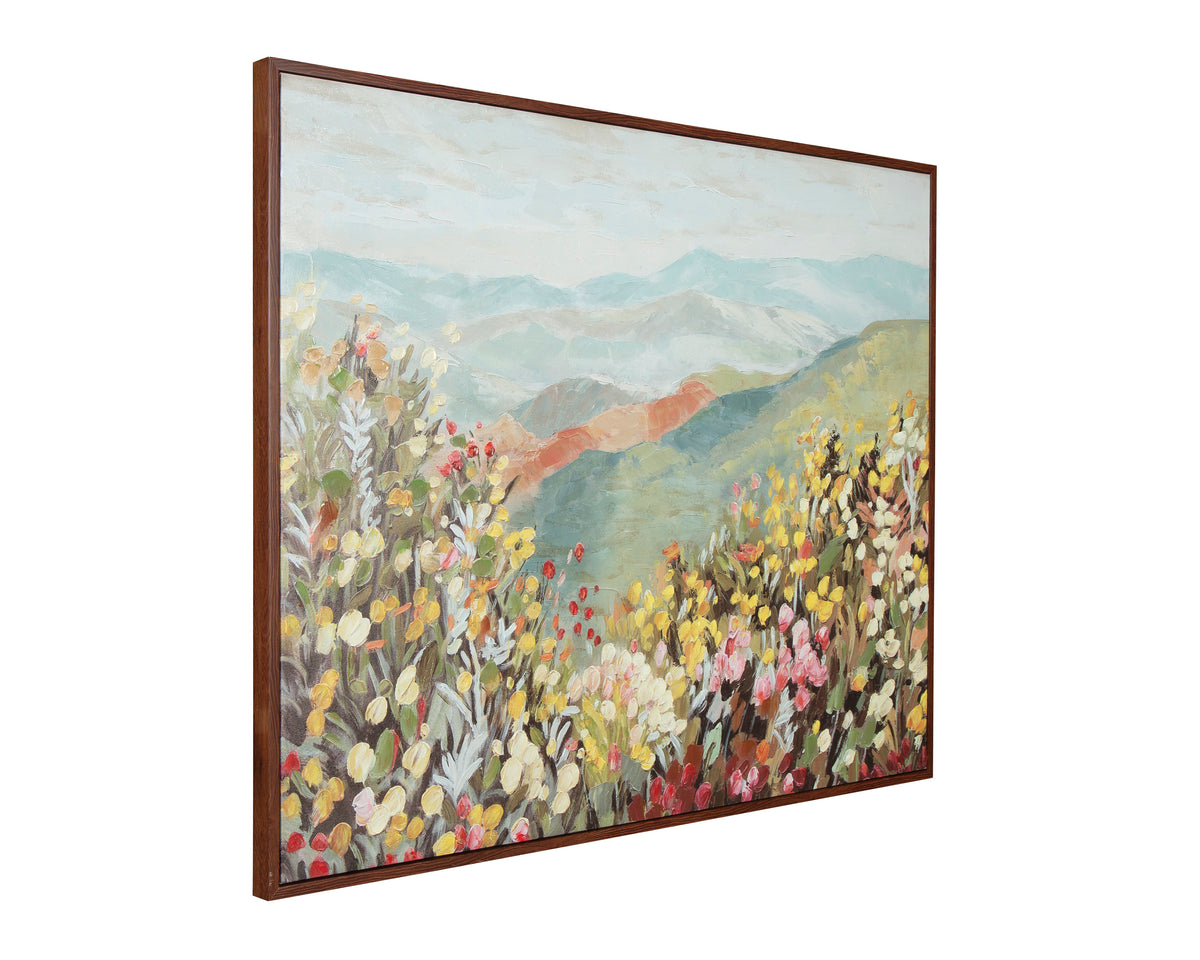 Framed landscape wall art, floral meadow scene with mountains and sky