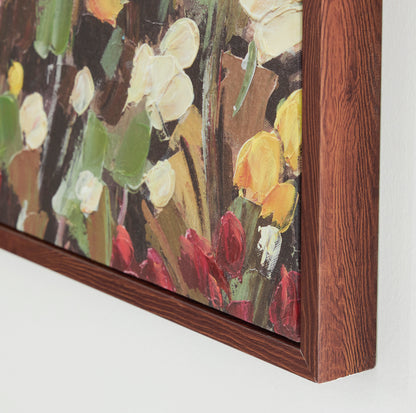 Close-up of framed painted flowers and foliage on textured canvas