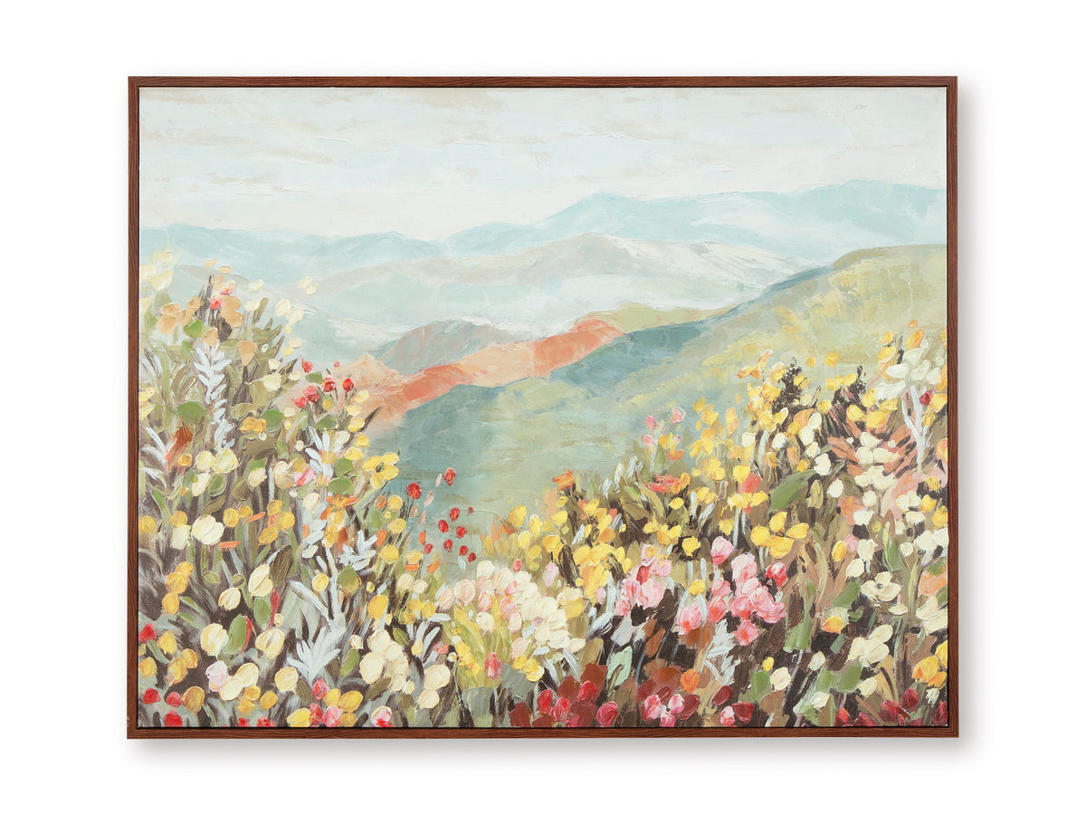 Framed floral landscape wall art with multicolor blooms and distant mountains
