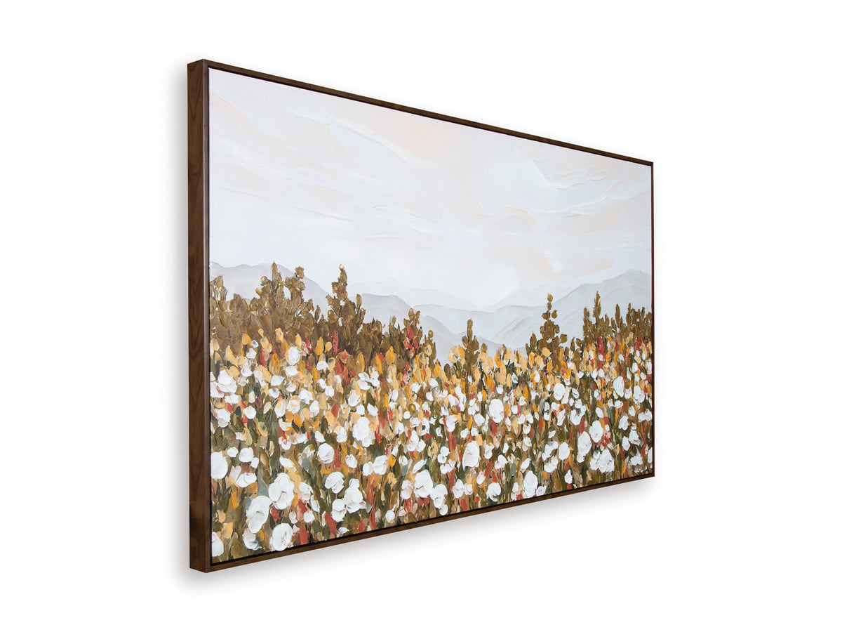 Framed floral landscape wall art with gold and white blossoms across the scene
